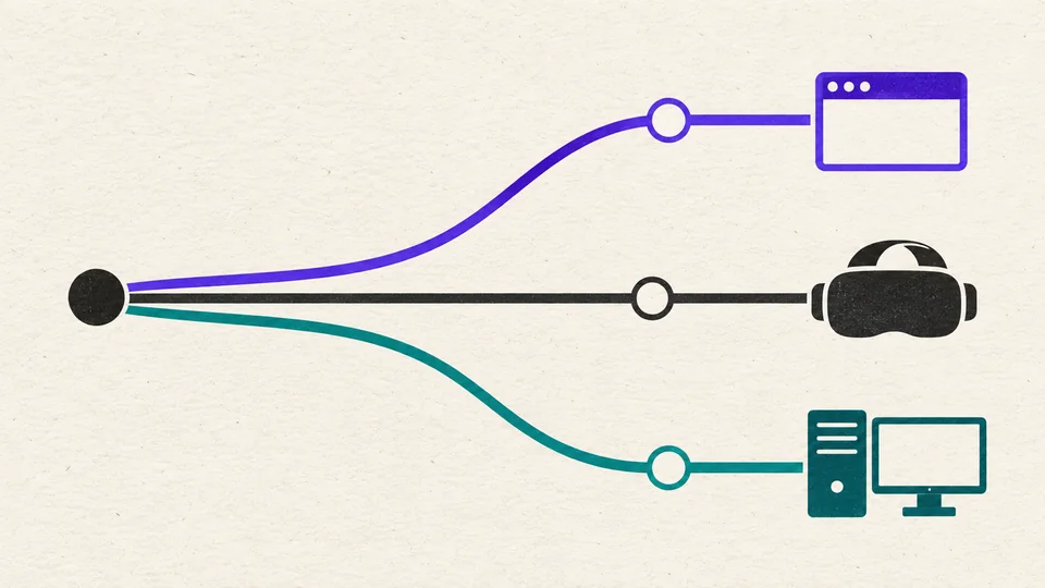 Stylized subway-style route map with three colored lines labeled browser, Quest and Windows converging on a VR headset icon